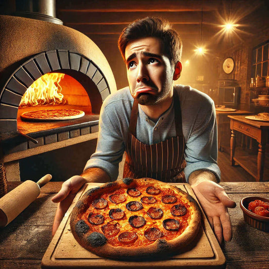 A disappointed pizza lover holding a burnt pizza from a regular oven, while a perfectly cooked pizza emerges from a real wood-fired oven in the background.