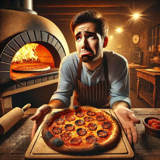 A disappointed pizza lover holding a burnt pizza from a regular oven, while a perfectly cooked pizza emerges from a real wood-fired oven in the background.