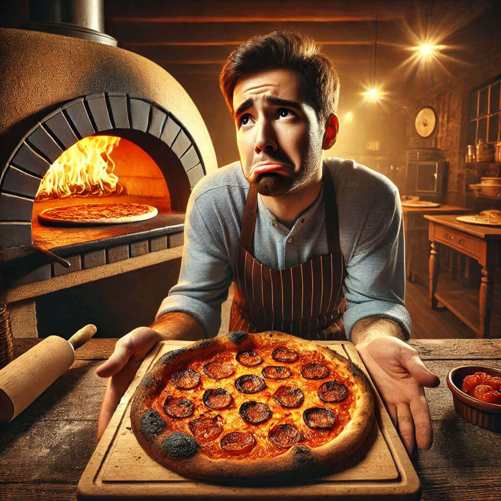 A disappointed pizza lover holding a burnt pizza from a regular oven, while a perfectly cooked pizza emerges from a real wood-fired oven in the background.
