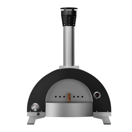 View of a double-chamber wood-fired oven with a tall chimney, framed against a white background.