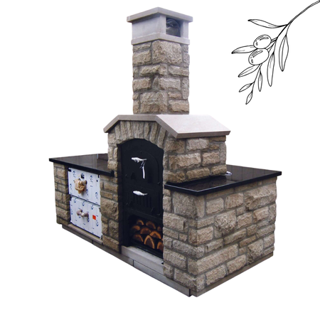 Standing point-of-view of a double-chamber wood-fired oven with fresh logs in its storage base, enclosed by a brick shell and countertop, set in a backyard.