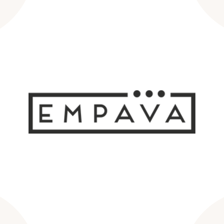 Black outlined text reads EMPAVA in all caps, inside a rectangular border. Three solid black dots are above the letters AVA. The design is centered on a white background.