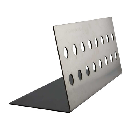 A metal bookend with an L-shape design, featuring two rows of evenly spaced circular holes on the upright panel. The finish is reflective and metallic, set against a white background.