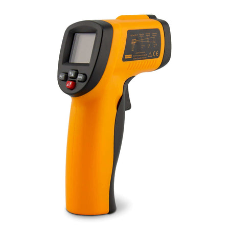 A yellow and black handheld infrared thermometer with a small digital display, control buttons, and a trigger handle, commonly used for measuring surface temperatures without contact.