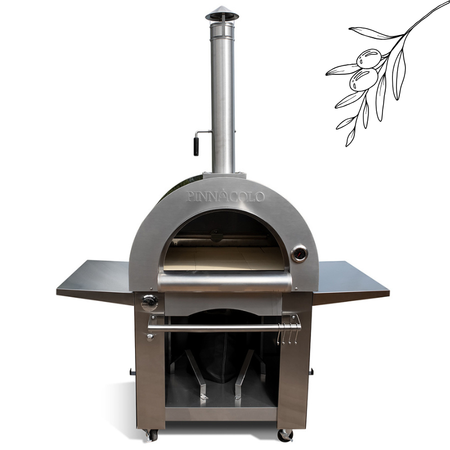 Front view of a freestanding stainless steel Fire One Up pizza oven with the door open, set against a white background.