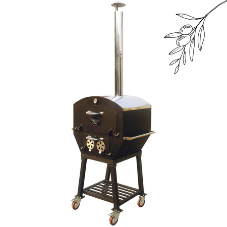 A small, wheeled wood-fired pizza oven with a tall chimney, set against a white background.