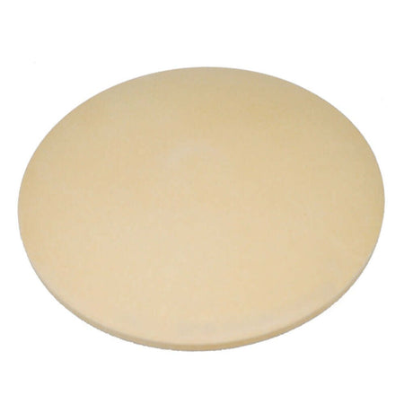 A plain, round, beige-colored pizza stone with a smooth surface, set against a white background.
