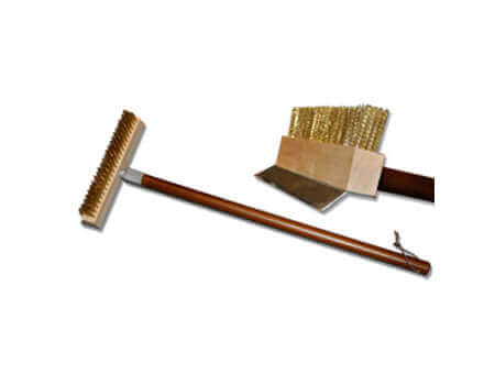 A long-handled tool with a wide brass bristle brush head, shown with a close-up of the bristles and wooden block.
