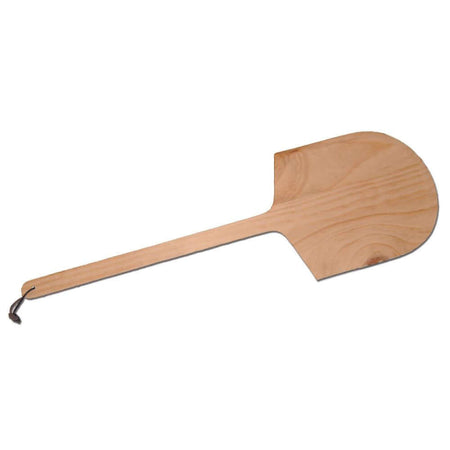A wooden pizza peel with a long handle and a flat, rounded blade, featuring a small leather loop at the end of the handle for hanging.