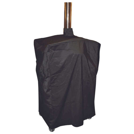A tall outdoor patio heater covered with a fitted black protective cover, showing the base and part of the vertical pole, with wheels visible at the bottom.