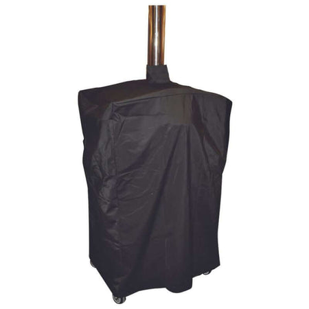 Pizza oven with a protective black cover and visible chimney, set against a white background.