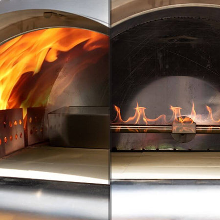 Side-by-side view of a wood-fired oven with roaring flames and a gas-powered oven with a controlled burner flame.
