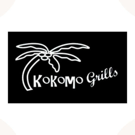 Brand logo featuring a palm tree illustration beside the text 'Kokomo Grills' on a black rectangular background, framed by a plain white background.