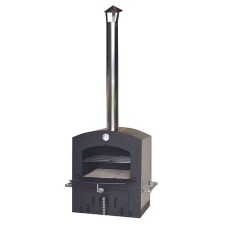 View of a double-chamber wood-fired oven with a tall chimney, framed against a white background.