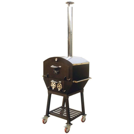 A small, wheeled wood-fired pizza oven with a tall chimney, set against a white background.