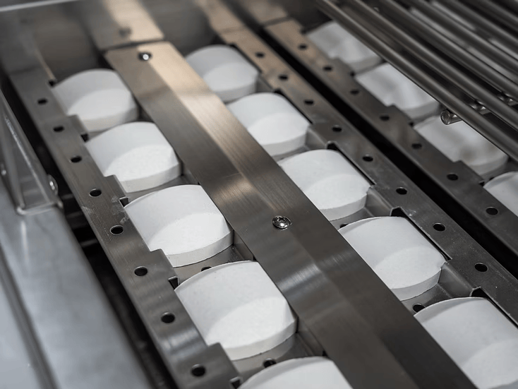 White tablets neatly lined up inside a metal machine, reminiscent of the precision found in the Kokomo Grills Mini Maui 6-Foot Kitchen Island by Kokomo Grills, with metallic dividers and rods visible above.
