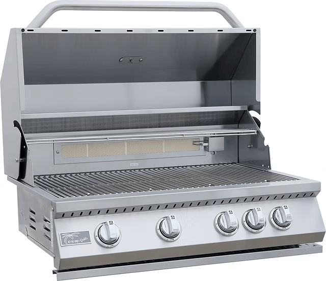 The Kokomo Grills Mini Maui 6-Foot Kitchen Island features a stylish stainless steel outdoor gas grill with an open lid, four control knobs, a large cooking grate, and warming rack—ideal for your BBQ or outdoor kitchen. Food and accessories not included.