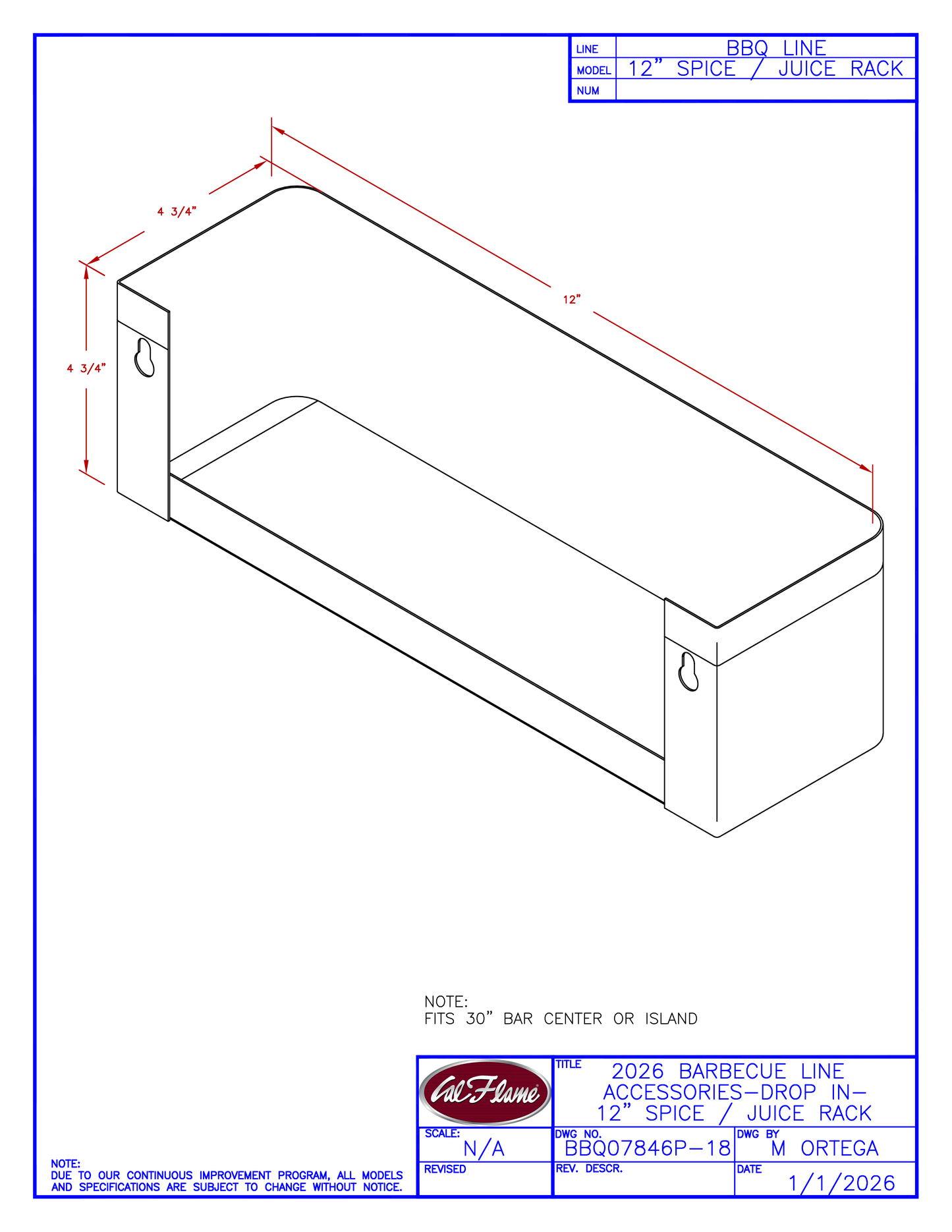 Cal Flame 12” Spice/Juice Rack BBQ07846P-18