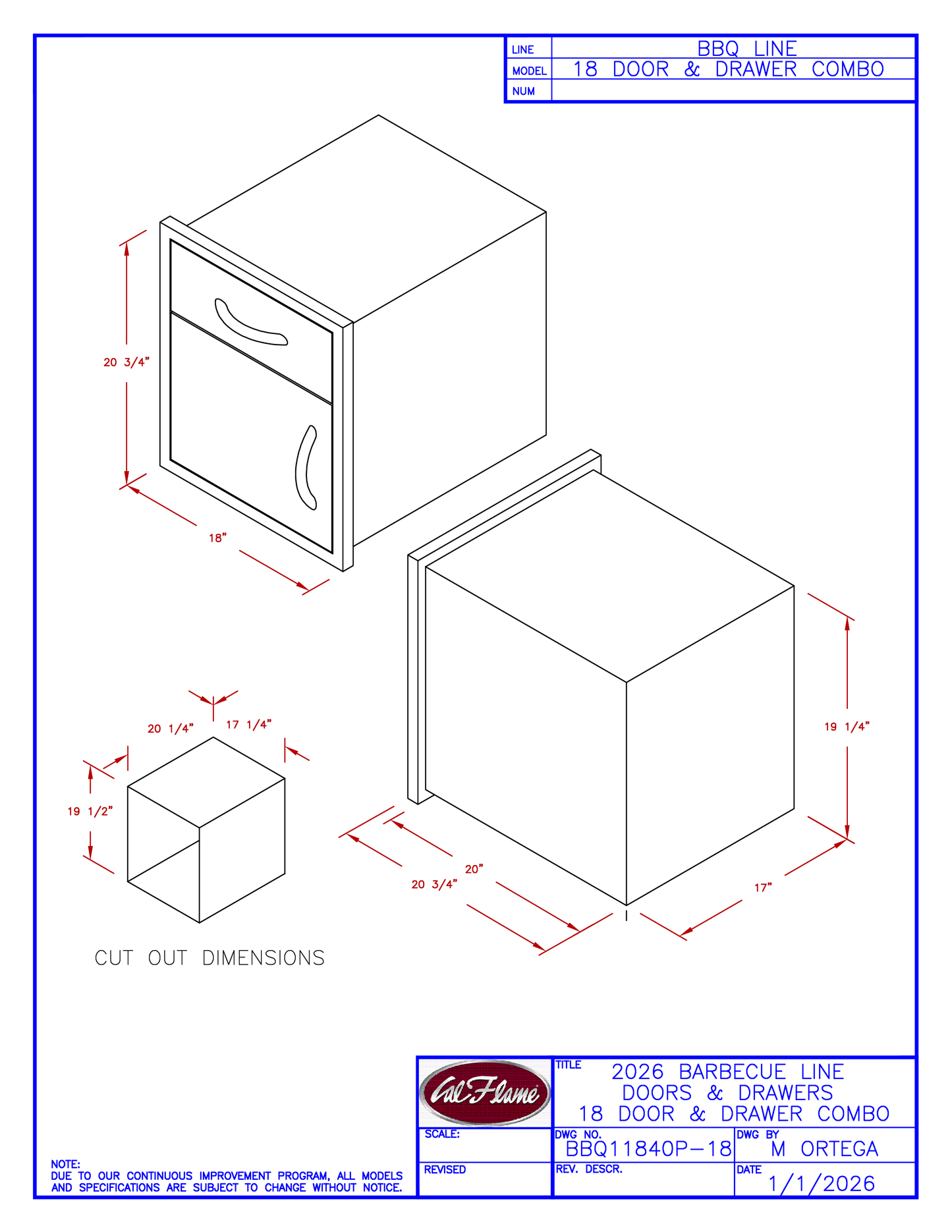 Cal Flame 18” Door & Drawer Combo BBQ11840P-18