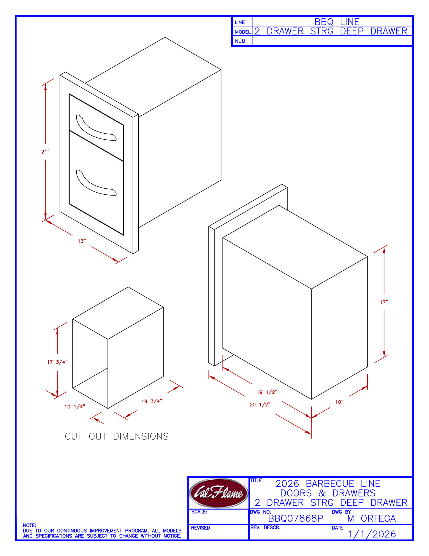 Cal Flame 2 Drawer Storage Deep Drawer BBQ07868P