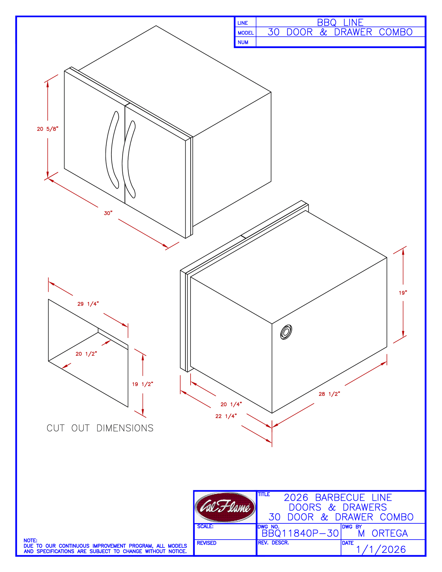 Cal Flame 30” Door & Drawer Combo BBQ11840P-30