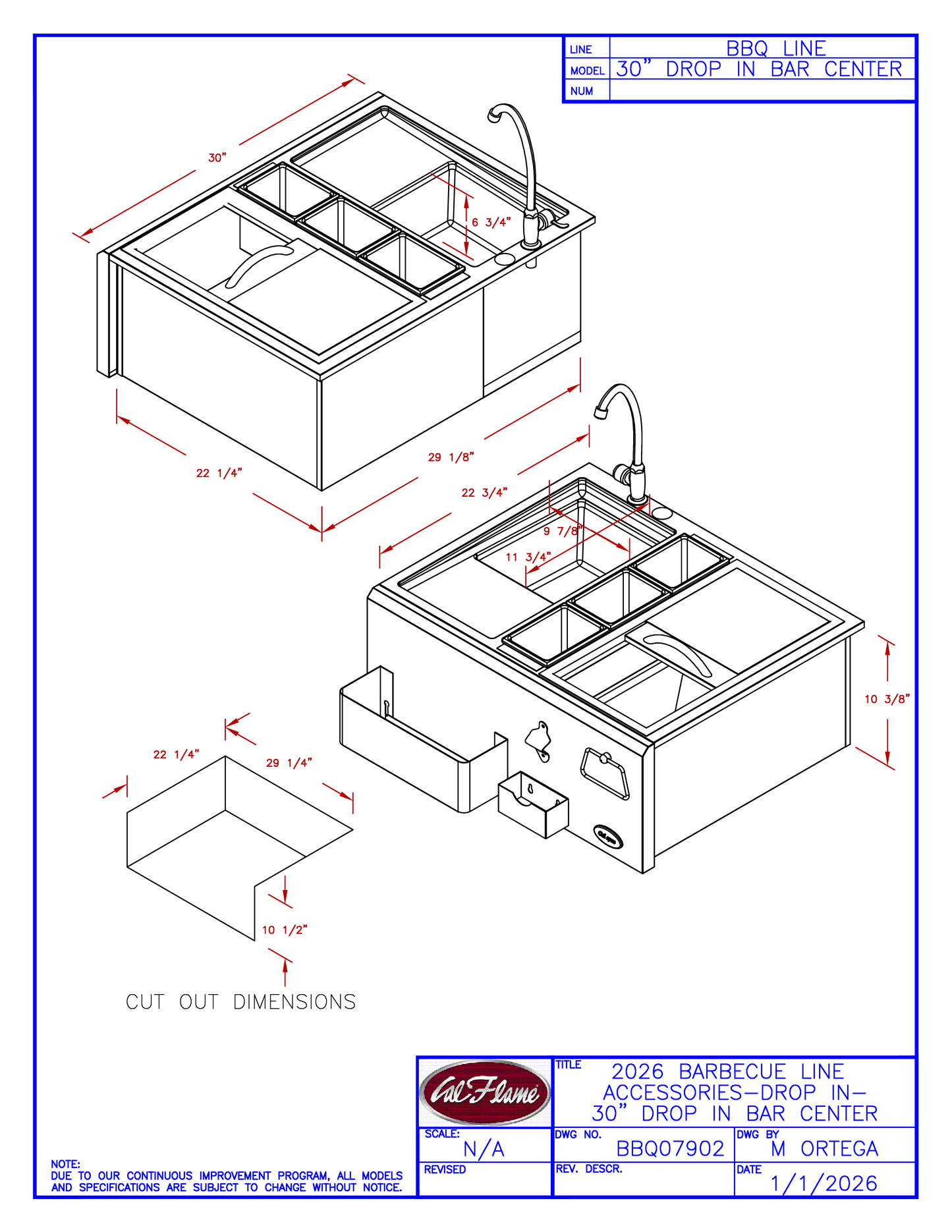 Cal Flame 30” Drop-In Bar Center BBQ07902