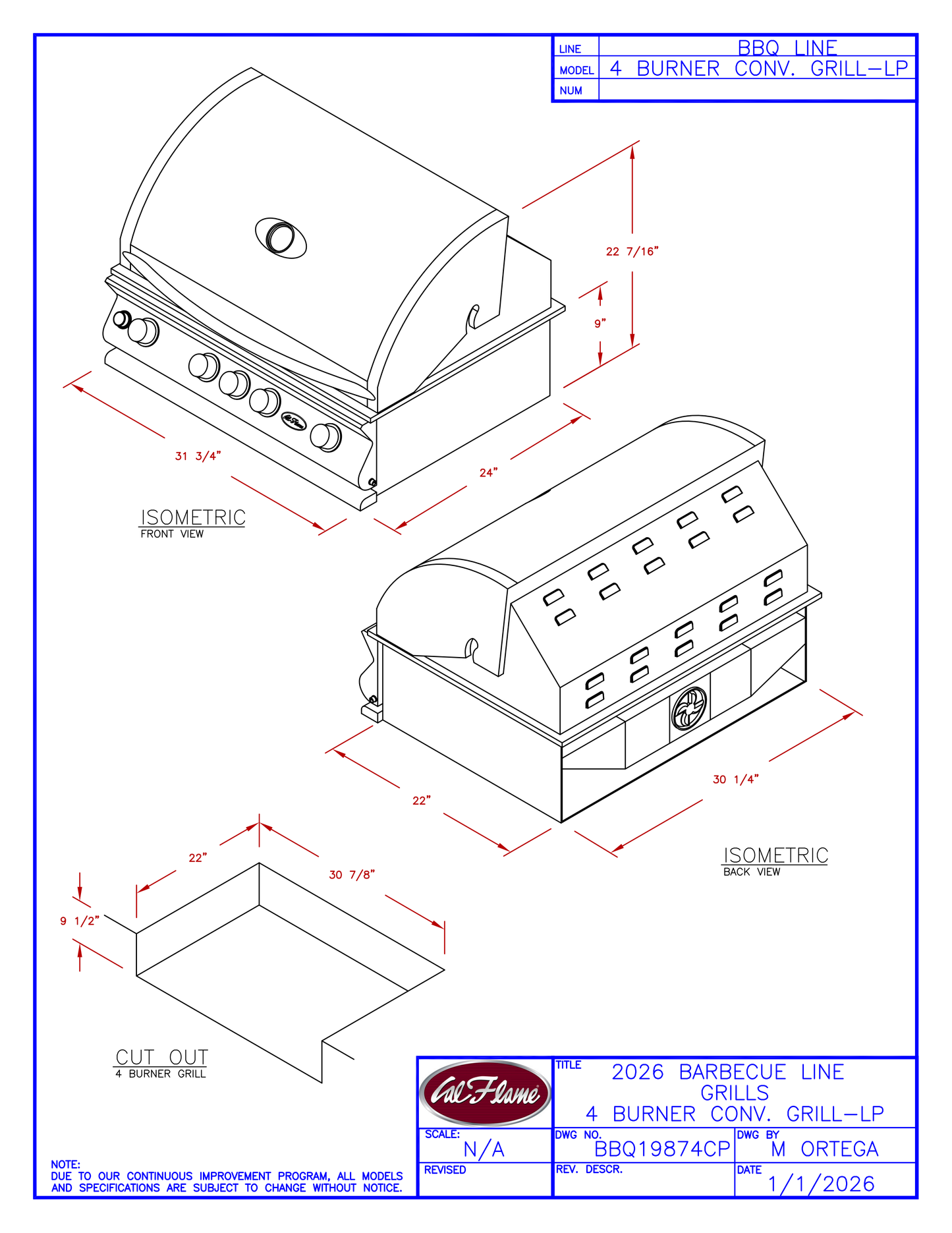 Cal Flame 4 Burner Built-In Convection Gas Grill BBQ19874CP