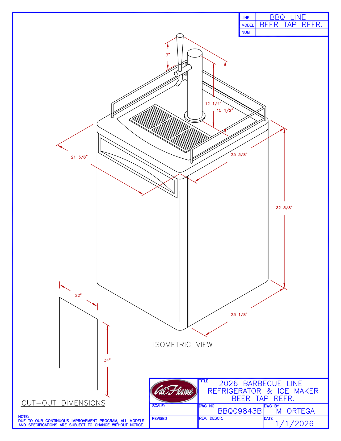 Cal Flame Beer Tap Refrigerator and Kegerator BBQ09843B