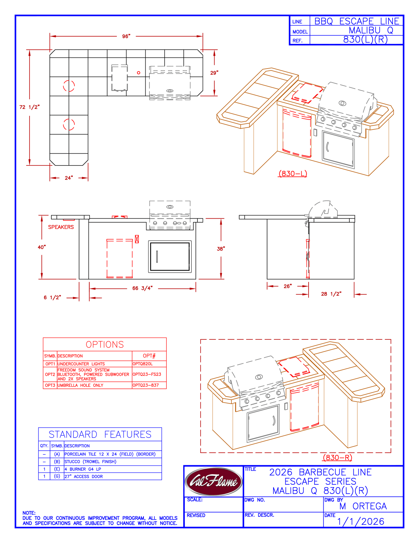 Cal Flame Escape Series Malibu Q BBQ Island BBK-830 R/L