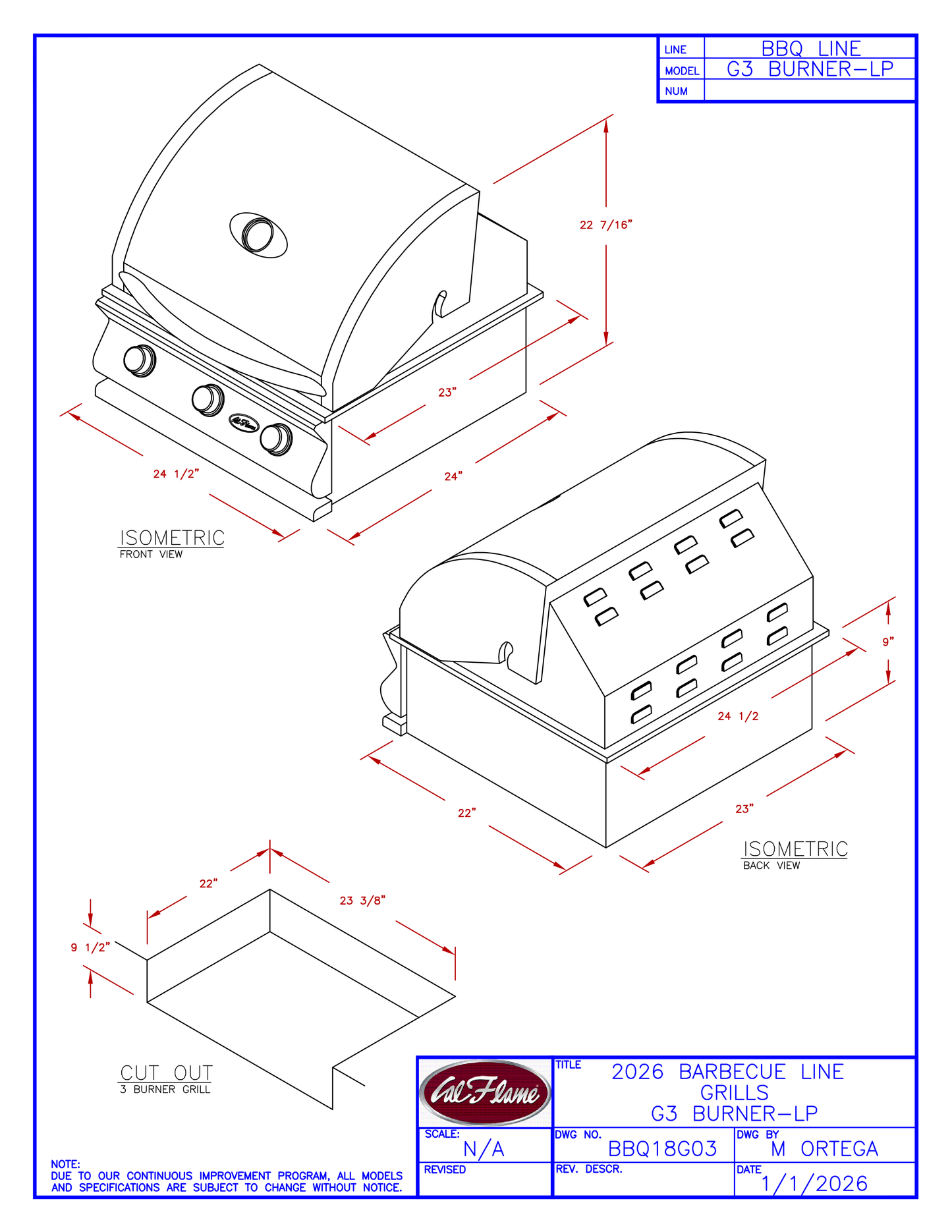 Cal Flame G Series 3 Burner Built-In Propane Grill BBQ18G03