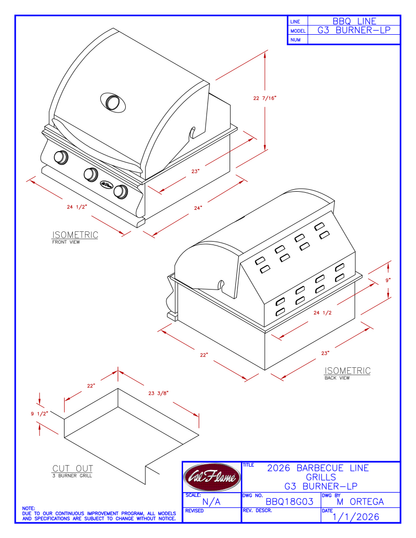 Cal Flame G Series 3 Burner Built-In Propane Grill BBQ18G03