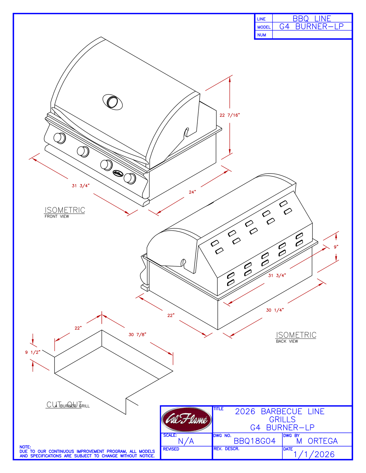 Cal Flame G Series 4 Burner Built-In Propane Grill BBQ18G04