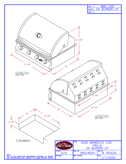 Cal Flame G Series 4 Burner Built-In Propane Grill BBQ18G04