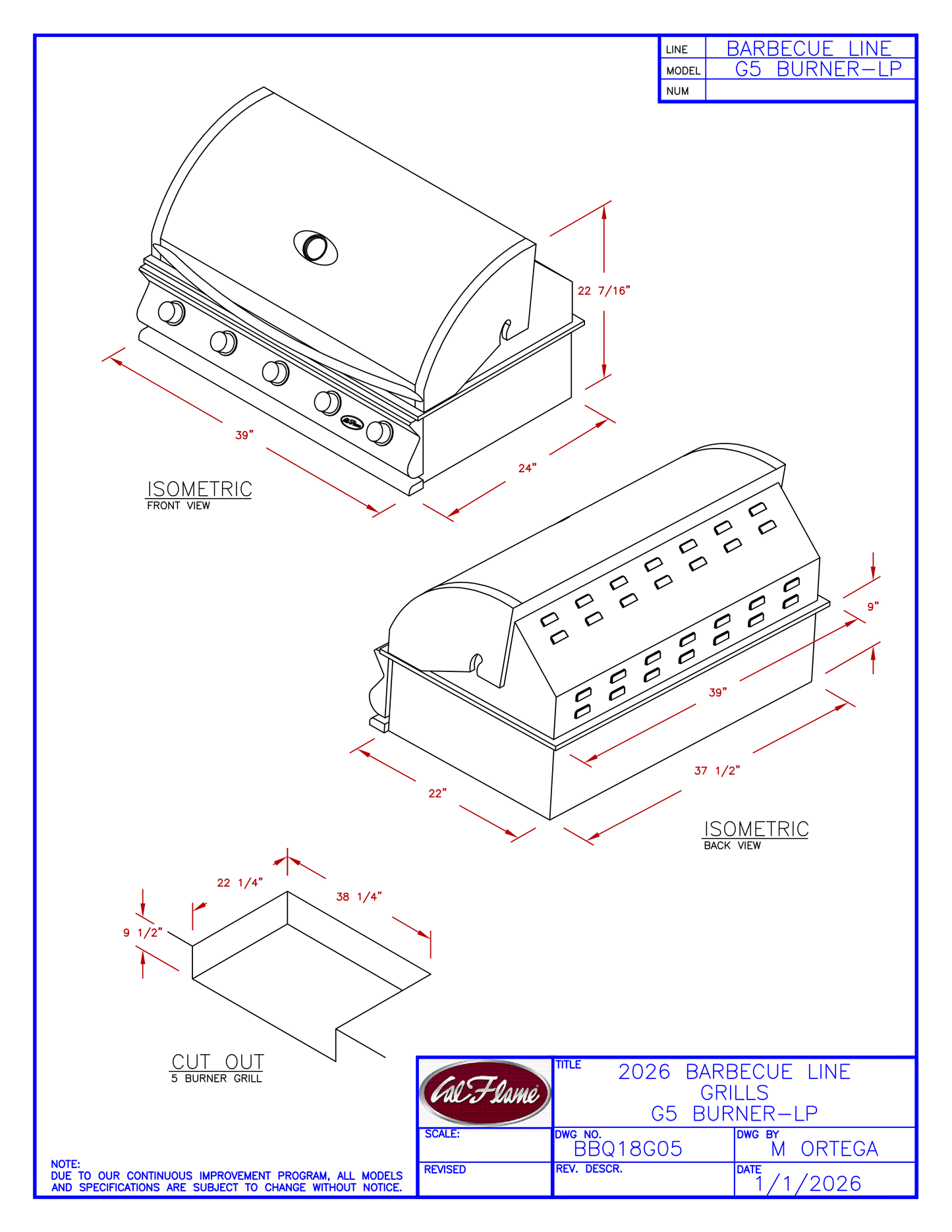 Cal Flame G Series 5 Burner Built-In Propane Grill BBQ18G05