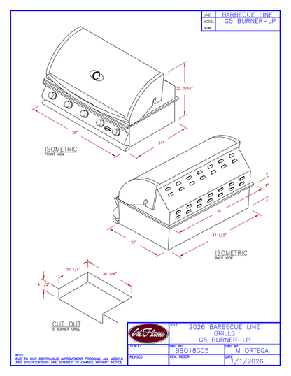 Cal Flame G Series 5 Burner Built-In Propane Grill BBQ18G05