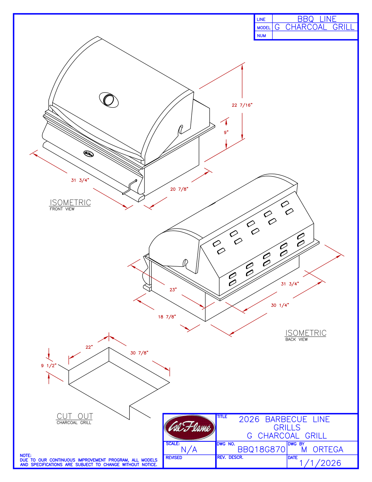 Cal Flame G Series Built-In Charcoal Grill BBQ18G870