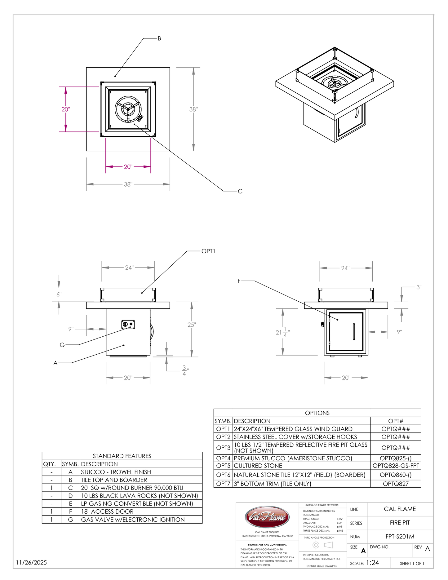 Cal Flame Mesa - Modern Contemporary Outdoor Gas Fire Pit FPT-S201M
