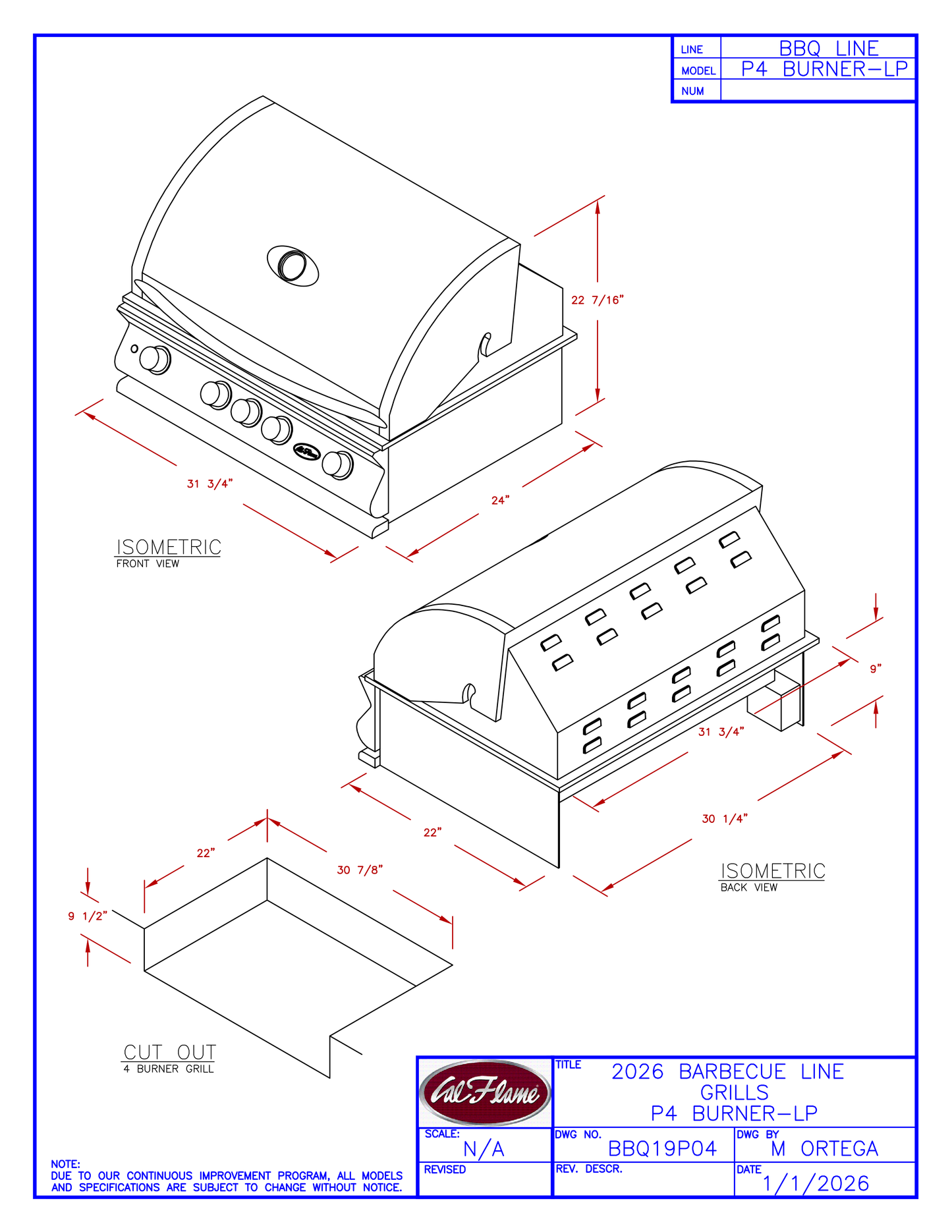 Cal Flame P Series 4 Burner Built-In Gas Grill BBQ19P04