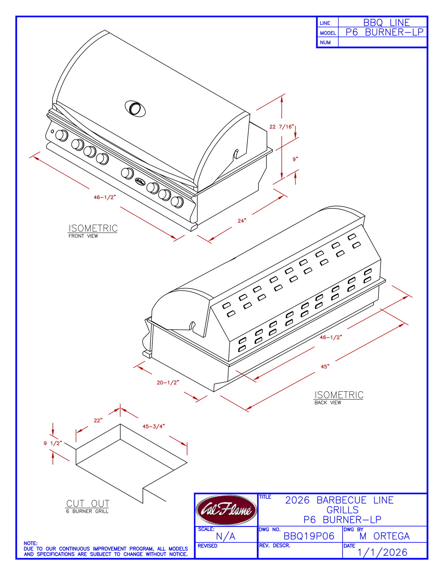 Cal Flame P Series 6 Burner Built-In Gas Grill BBQ19P06