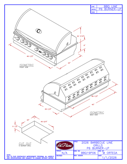 Cal Flame P Series 6 Burner Built-In Gas Grill BBQ19P06