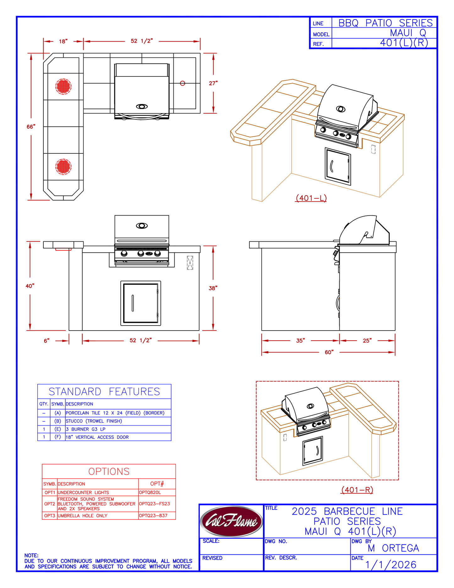 Cal Flame Patio Series Maui Q BBQ Island BBK-401 R/L
