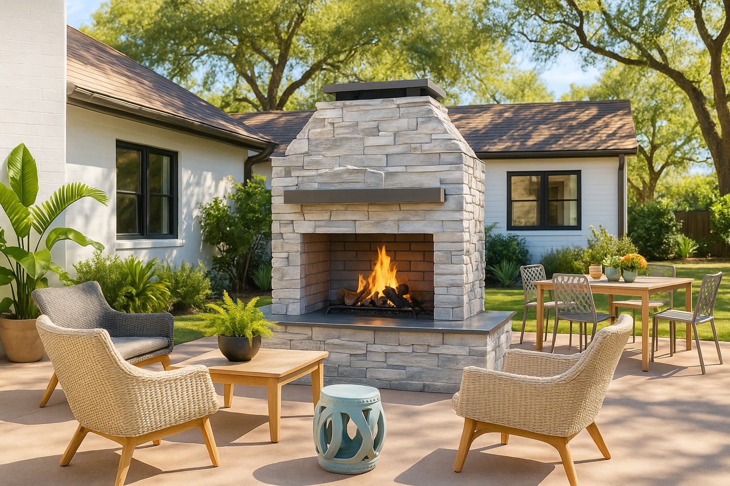 Cal Flame Platinum Series Key West - Modern Outdoor Gas Fireplace with Wrap Around Mantel FRP905-3