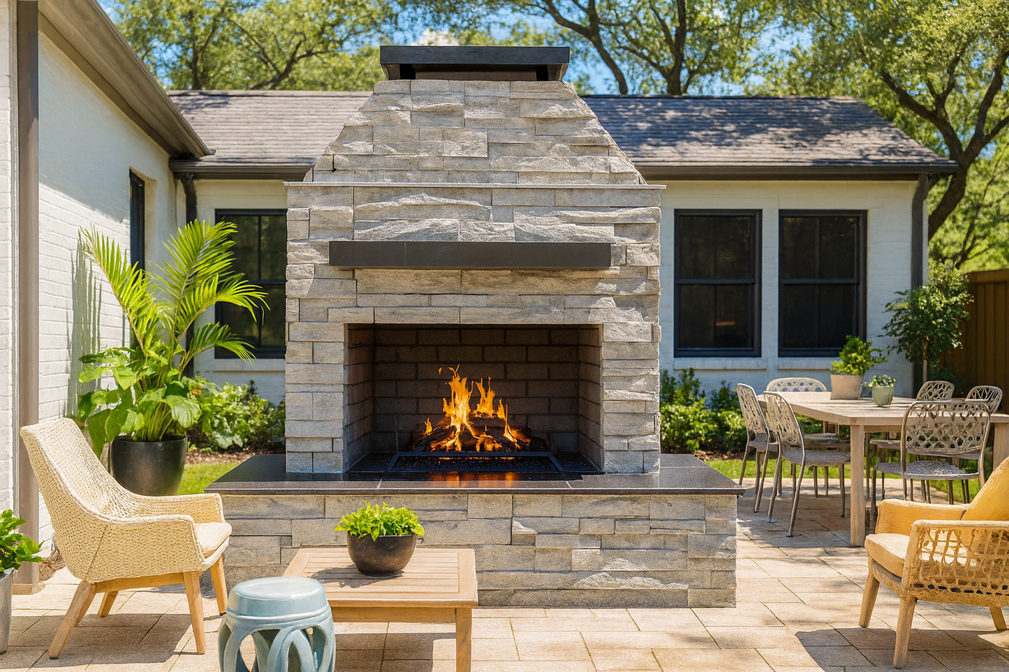 Cal Flame Platinum Series Key West - Modern Outdoor Gas Fireplace with Wrap Around Mantel FRP905-3