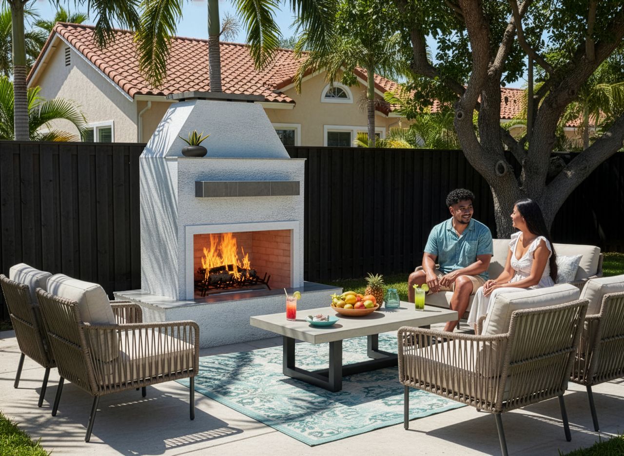 Cal Flame Platinum Series Key West - Modern Outdoor Gas Fireplace with Wrap Around Mantel FRP905-3