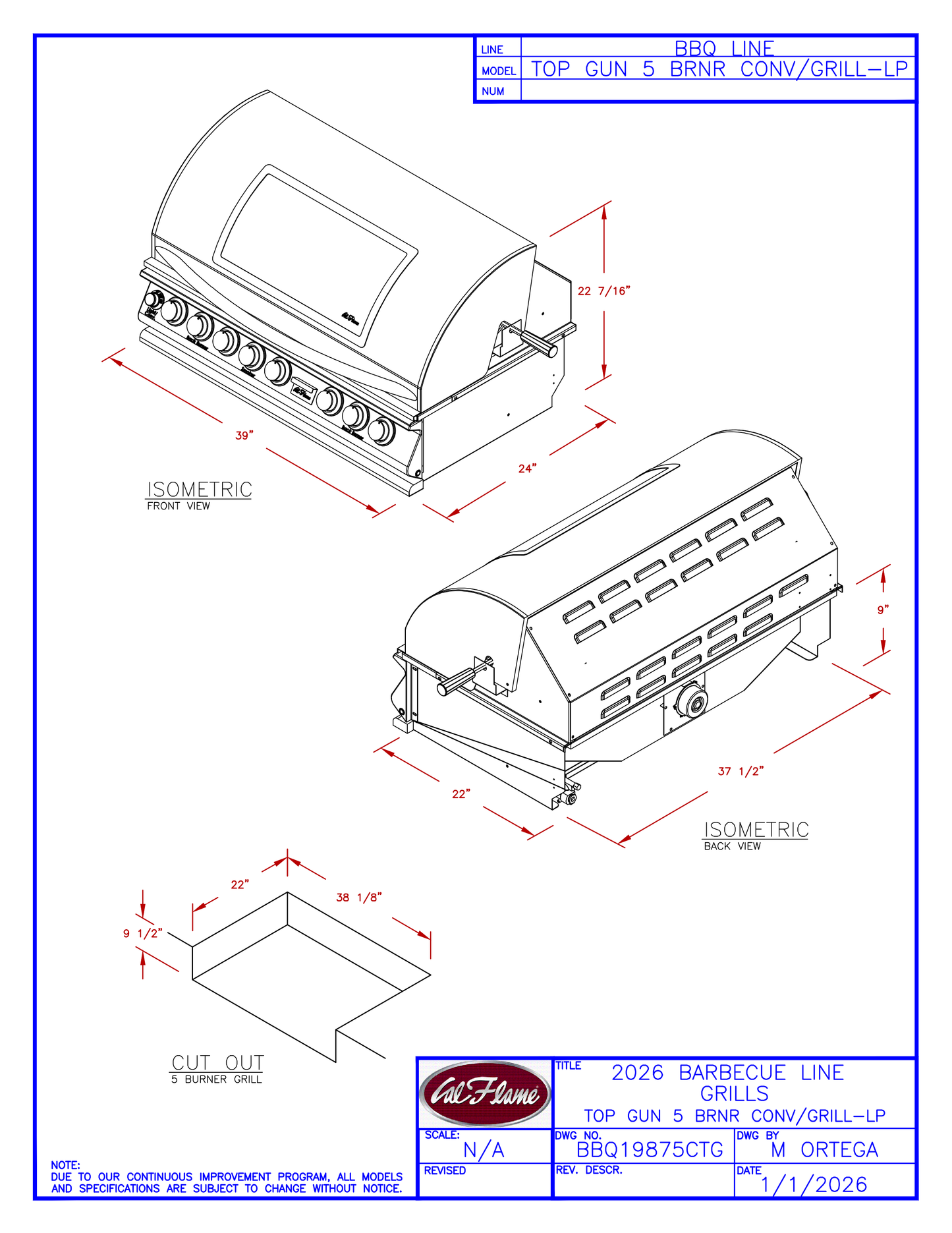 Cal Flame Top Gun 5 Burner Built-In Convection Gas Grill BBQ19875CTG