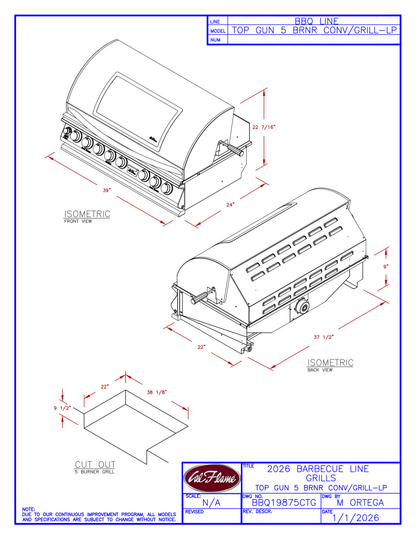 Cal Flame Top Gun 5 Burner Built-In Convection Gas Grill BBQ19875CTG