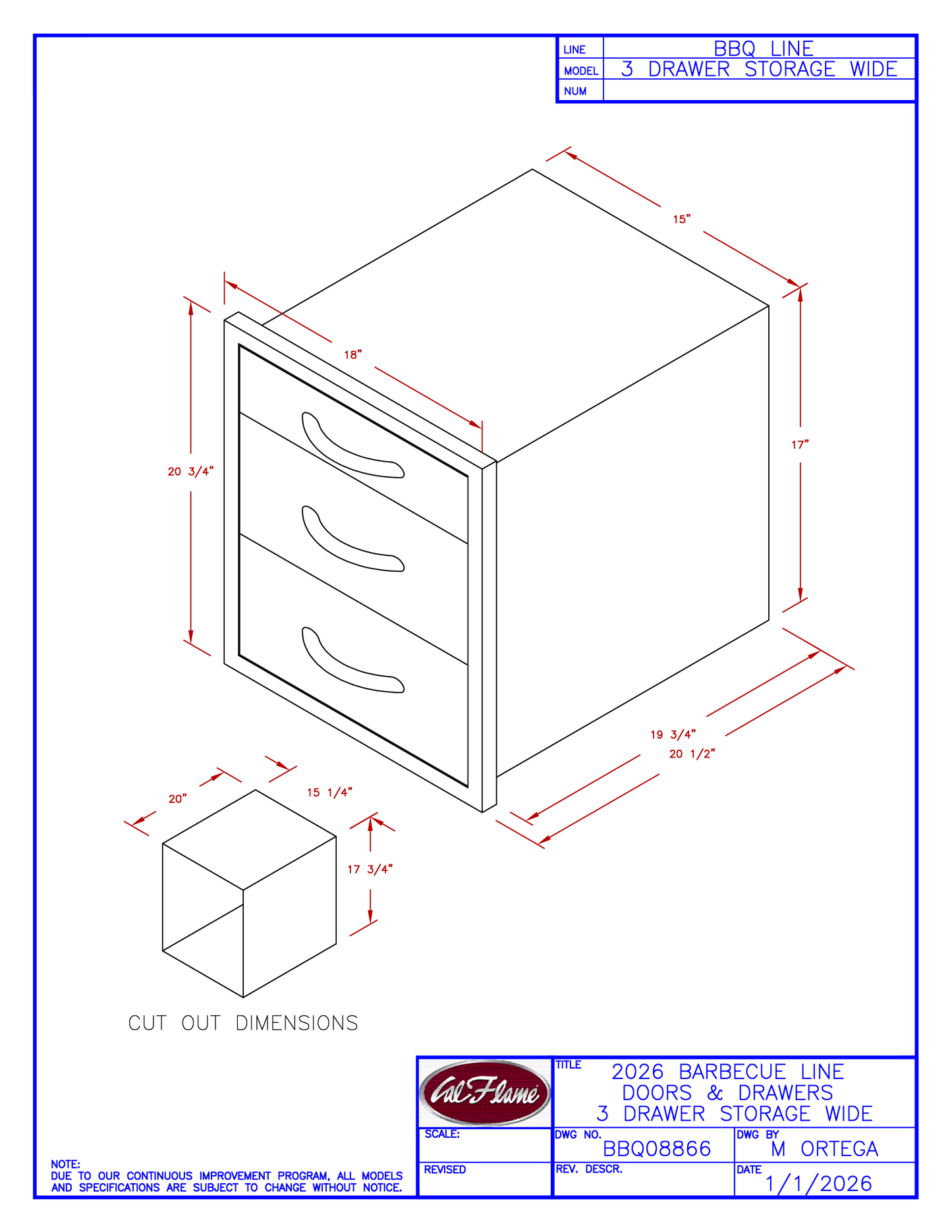 Cal Flame Wide 3 Drawer Storage Bin BBQ08866