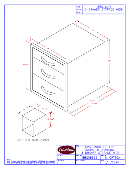 Cal Flame Wide 3 Drawer Storage Bin BBQ08866