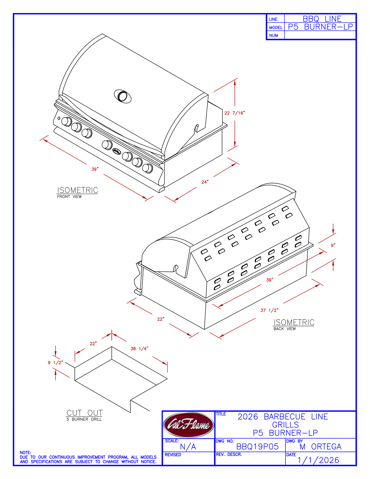 Cal Flame P Series 5 Burner Built-In Gas Grill BBQ19P05