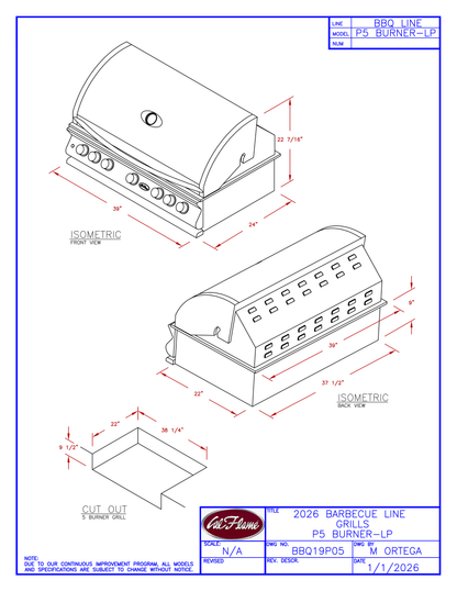 Cal Flame P Series 5 Burner Built-In Gas Grill BBQ19P05